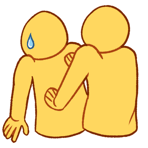 A drawing of two emoji yellow people, one of them pushing the other against the wall. The person being pushed is grabbing at the presumed wall behind them and sweating.